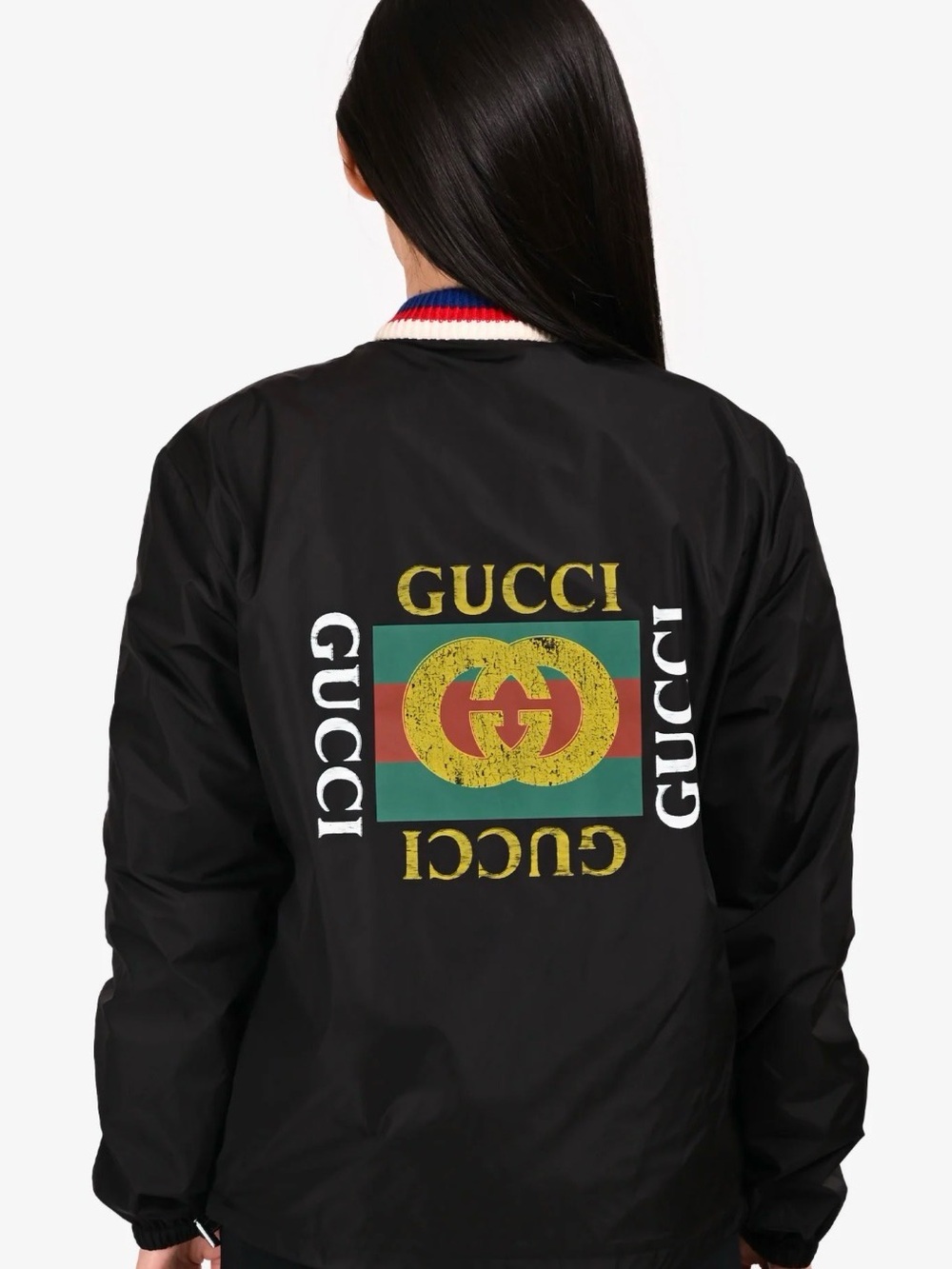 Gucci Black Logo-Print Bomber Jacket with Yellow & Green Emblem